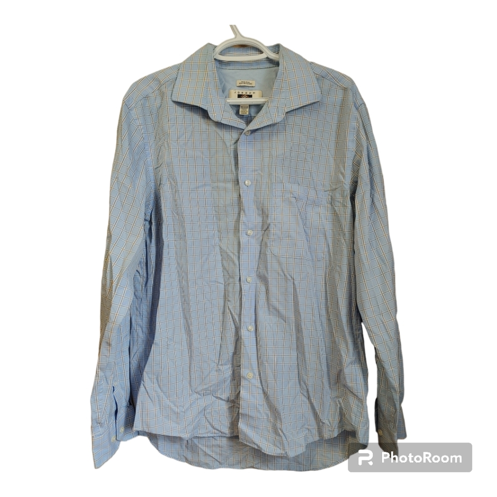 JOSEPH ABBOUD 100% Cotton Blue Checkere Plaid Long Sleeve Dress Shirt Si…